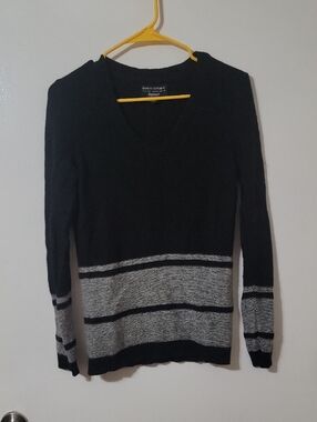 Banana Republic Black V-Neck Sweater with Gray Stripes